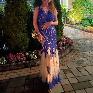 Blue and nude prom dress